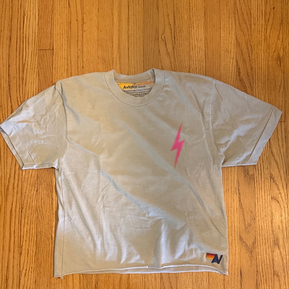 Aviator Nation Tan Tee with Pink Lightning Bolt